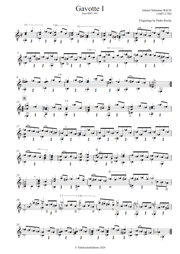 Johann Sebastian Bach Gavotte I BWV 995 classical guitar sheet music cover
